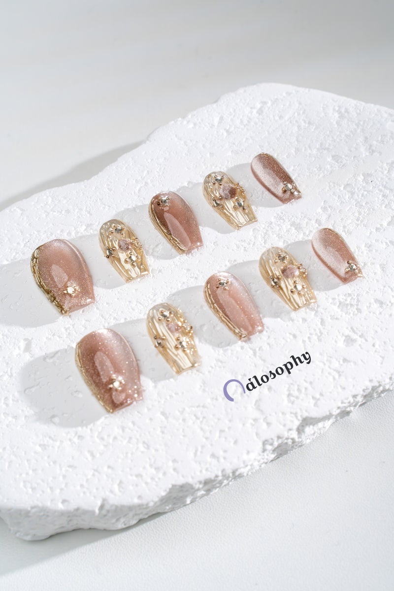 Nailosophy Handmade Luxury Press-on Nails 3D Molten Silver & Champagne Cat-Eye with Crystals | Coffin Shape - Image 1